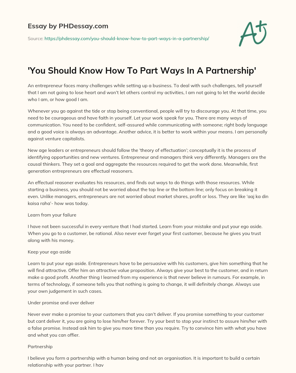 ‘You Should Know How To Part Ways In A Partnership’ essay