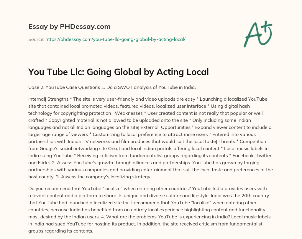 You Tube Llc: Going Global by Acting Local essay