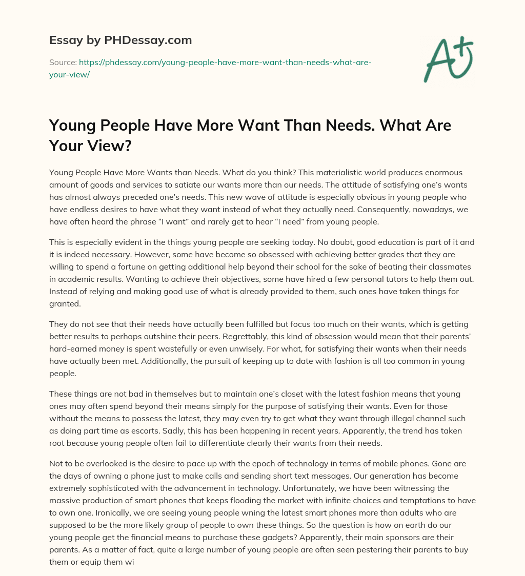 Young People Have More Want Than Needs. What Are Your View? essay