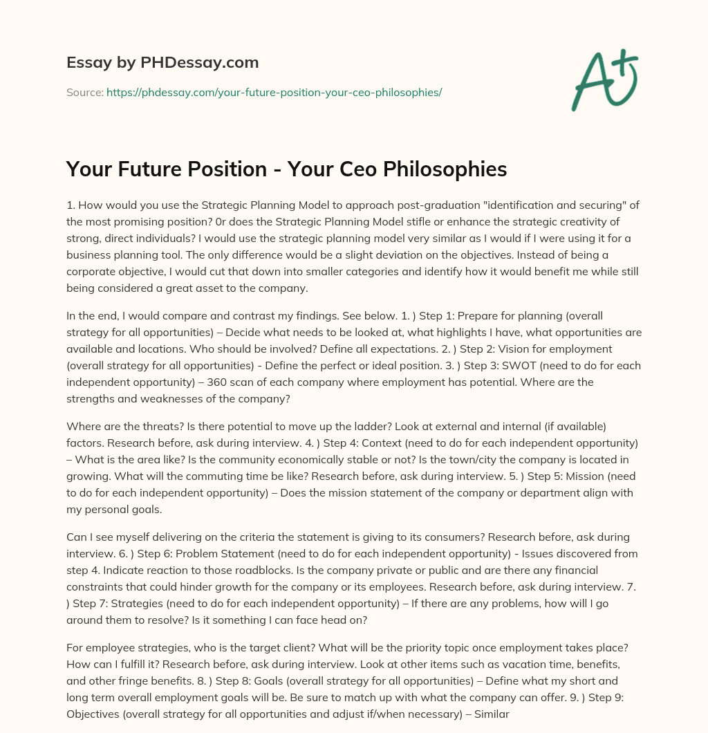 Your Future Position – Your Ceo Philosophies essay