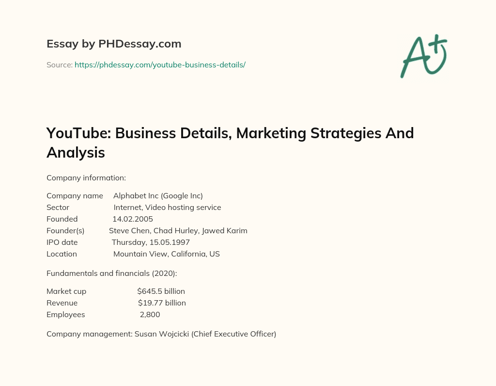 YouTube: Business Details, Marketing Strategies And Analysis essay