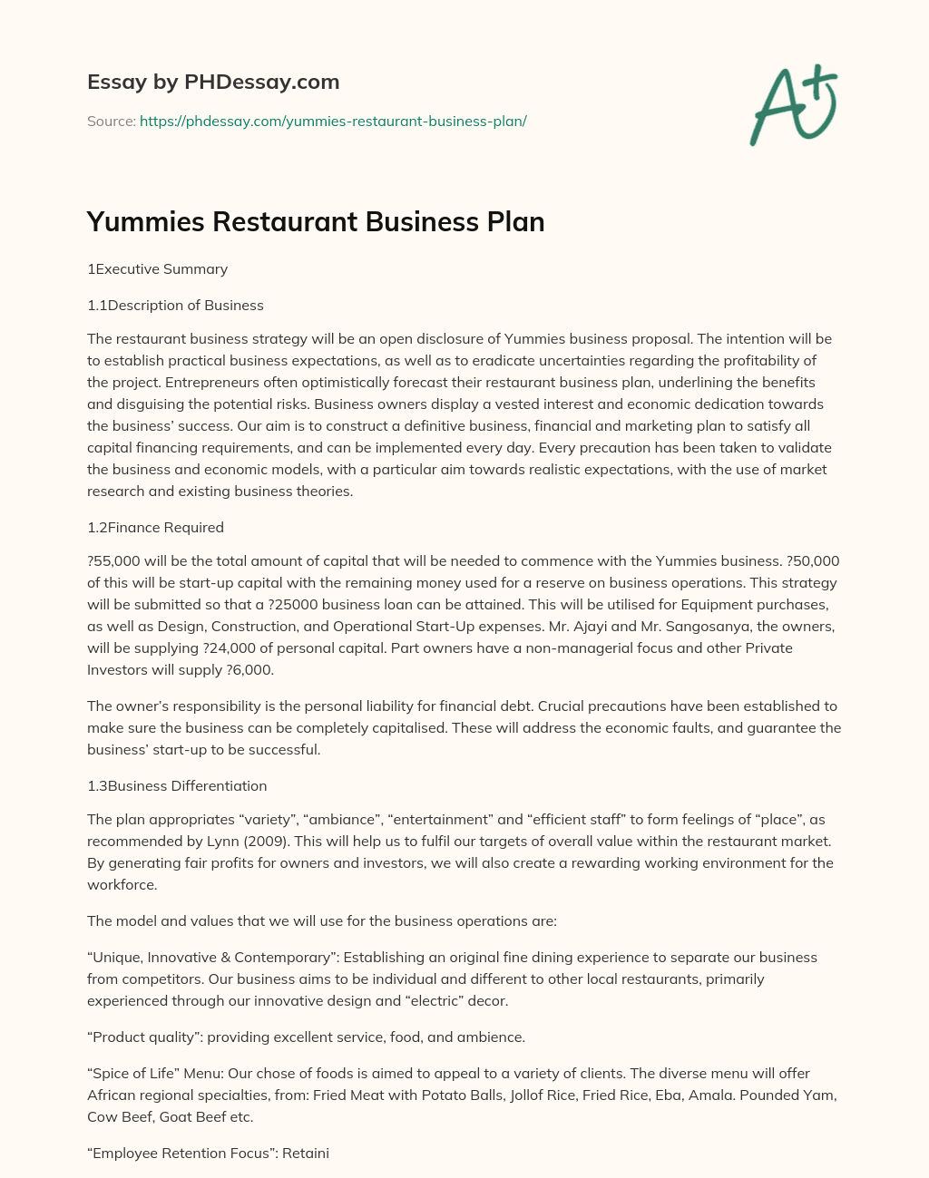 Yummies Restaurant Business Plan essay