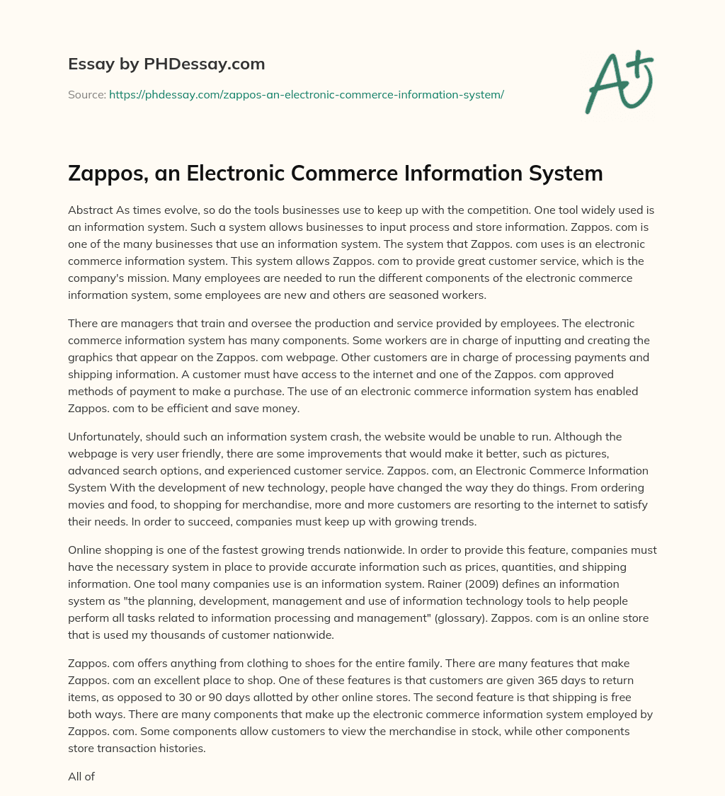 Zappos, an Electronic Commerce Information System essay
