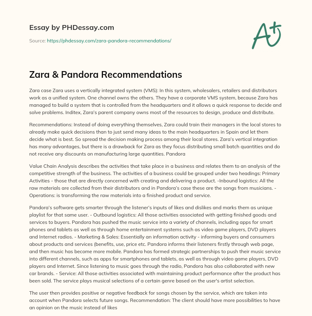 Zara & Pandora Recommendations essay