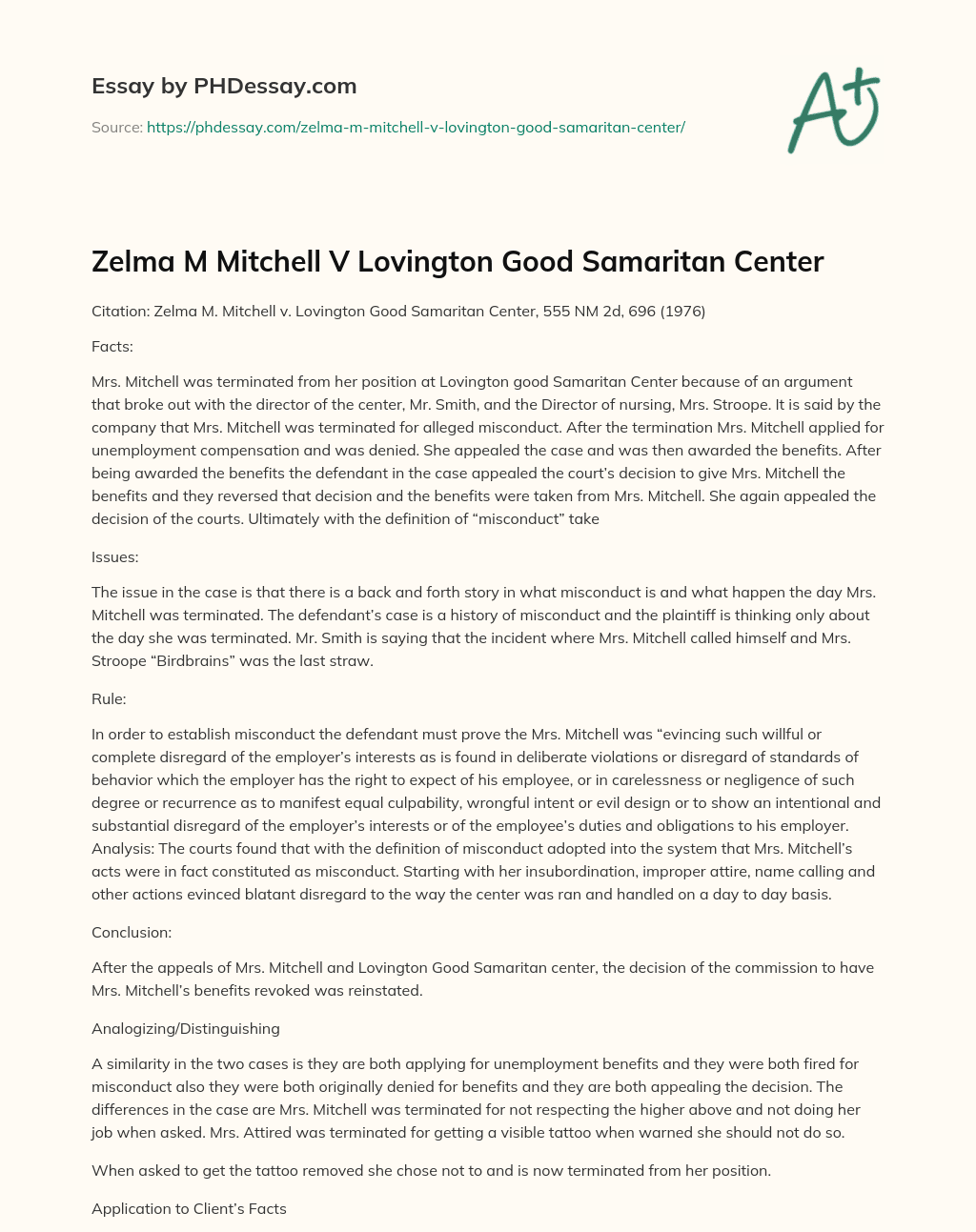 Zelma M Mitchell V Lovington Good Samaritan Center essay