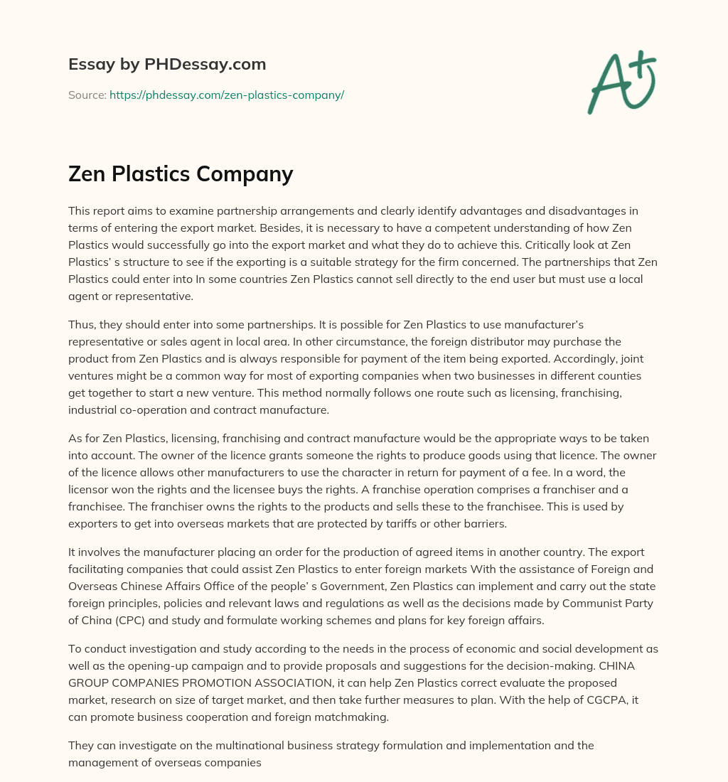 Zen Plastics Company essay