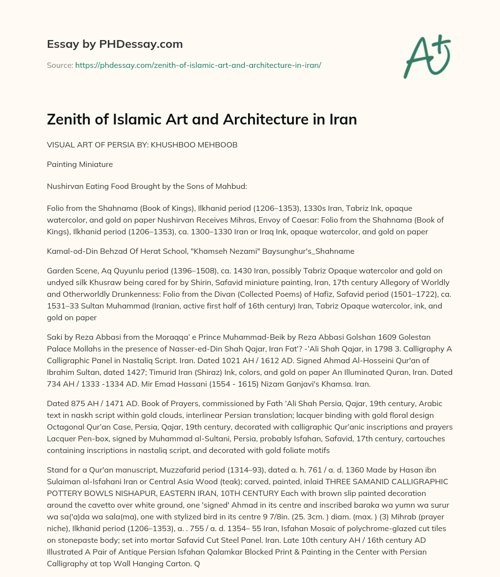 Zenith of Islamic Art and Architecture in Iran essay