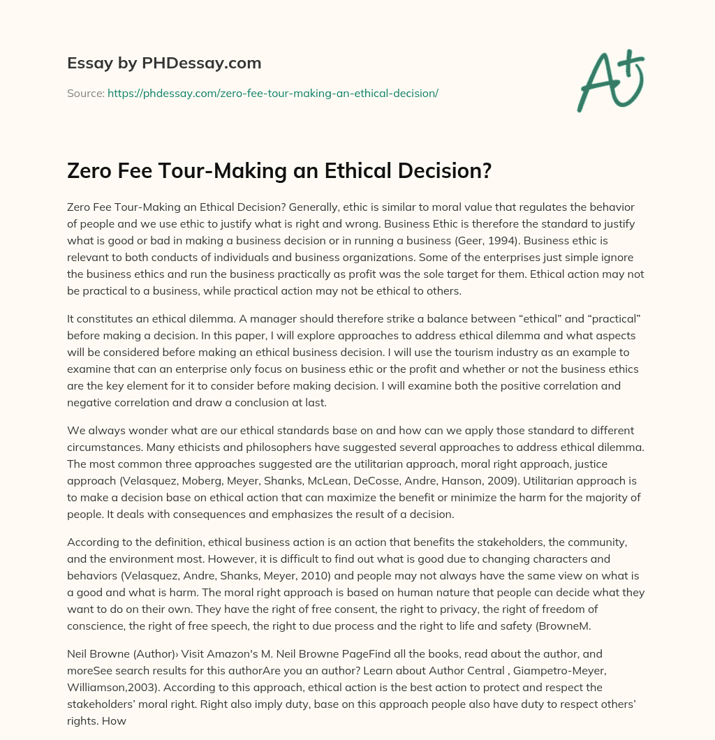 Zero Fee Tour-Making an Ethical Decision? essay