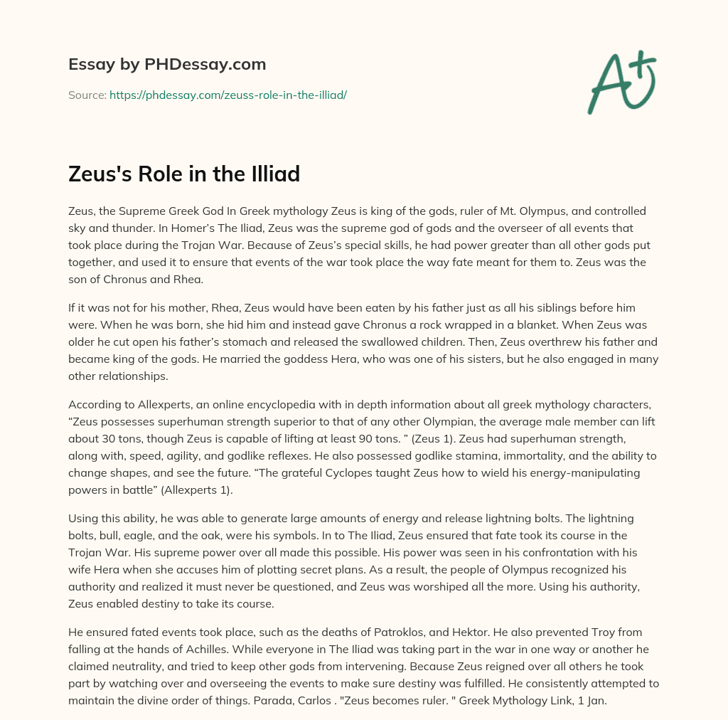 Zeus’s Role in the Illiad essay