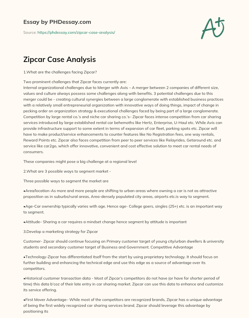 Zipcar Case Analysis essay