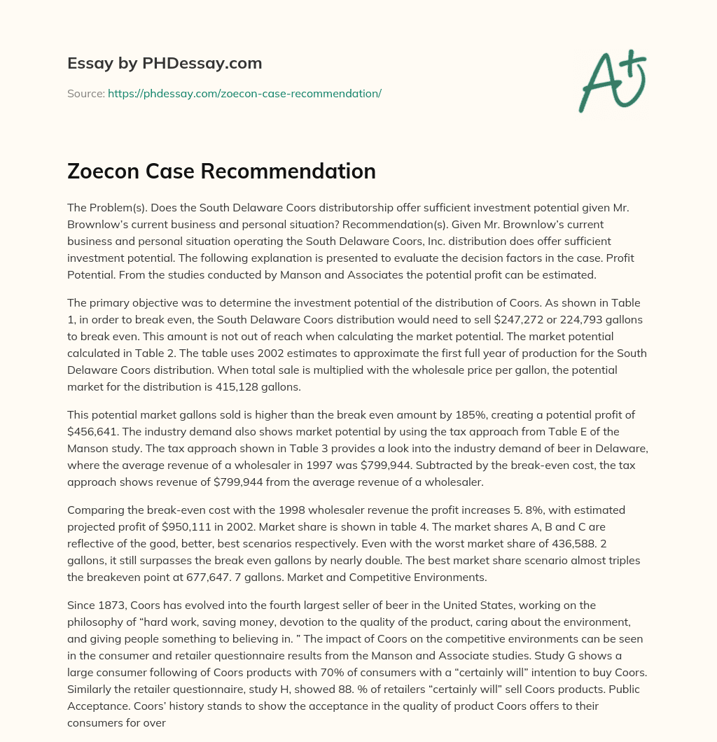 Zoecon Case Recommendation essay