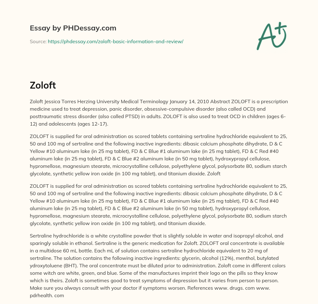 Overview of Zoloft: Prescription Medicine for Depression and Anxiety essay