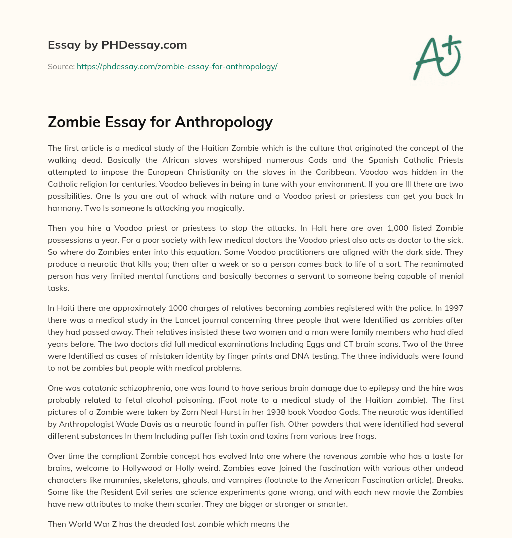 Zombie Essay for Anthropology essay