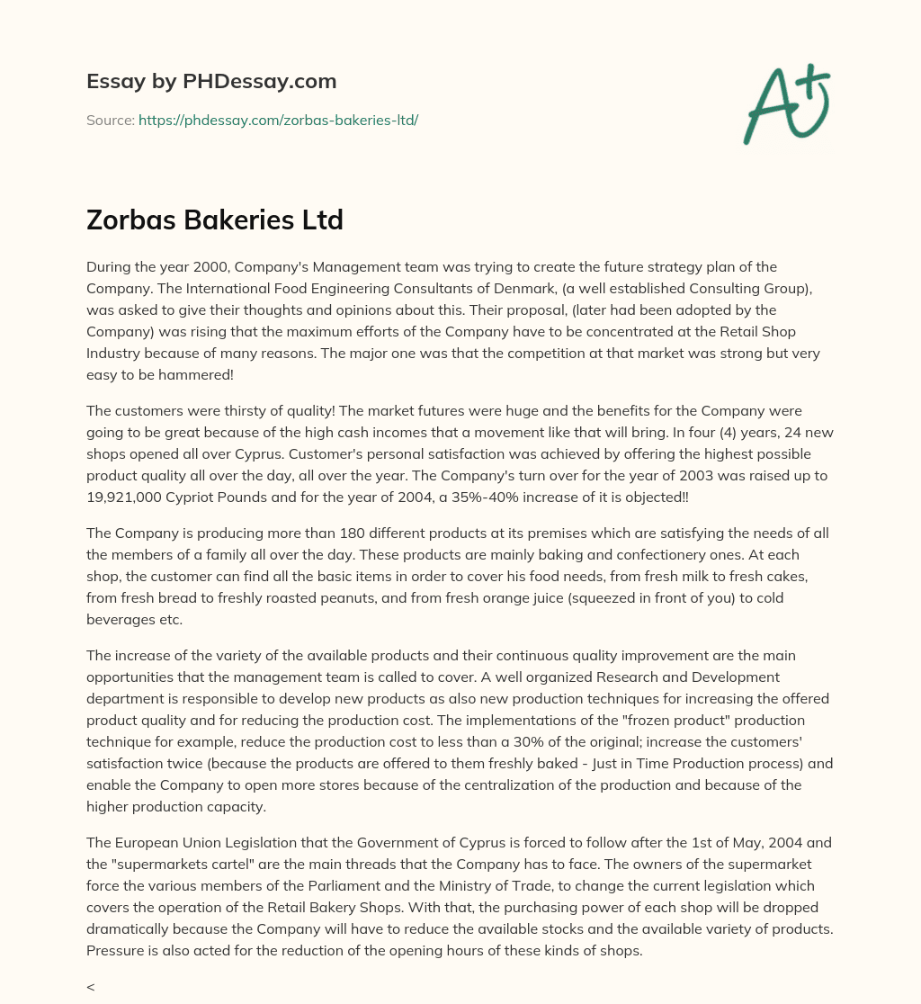 Zorbas Bakeries Ltd essay