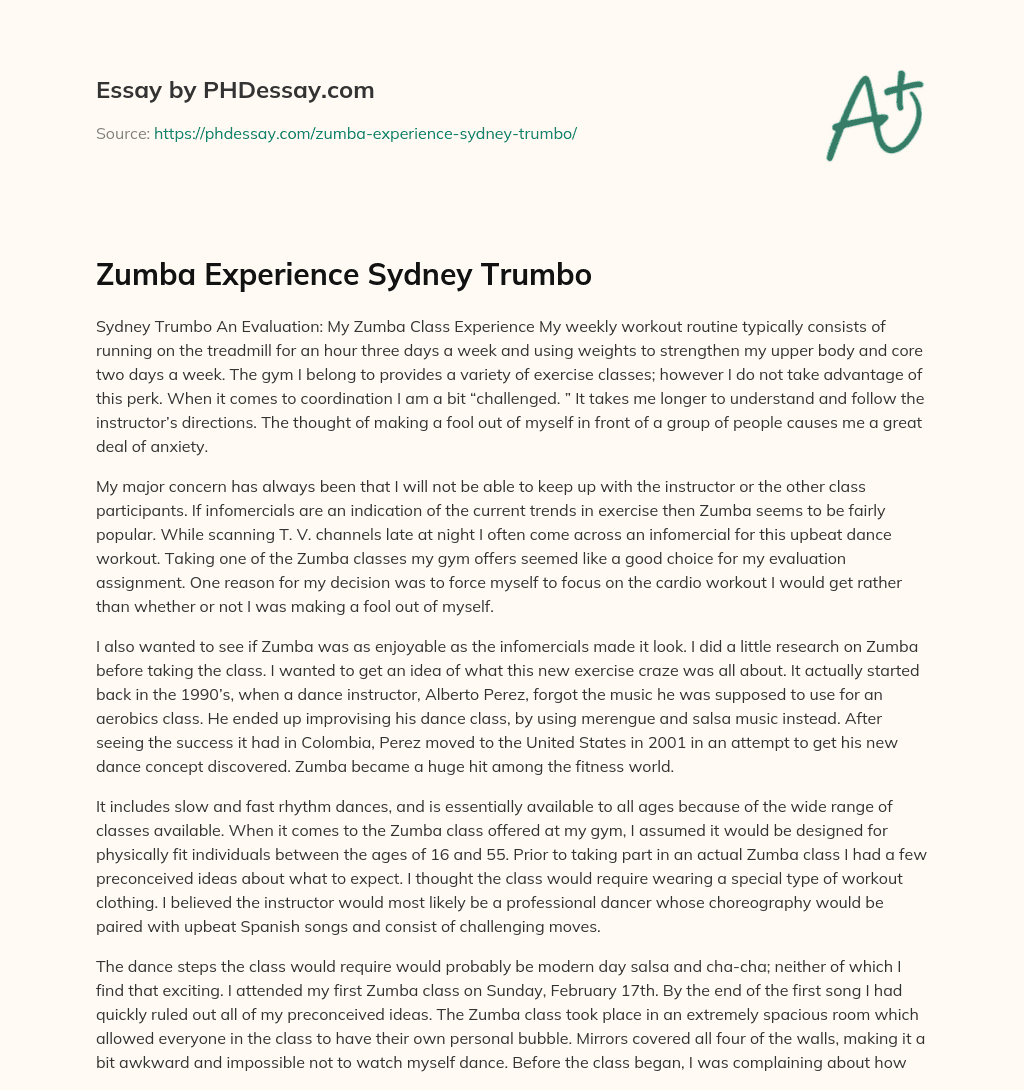 Zumba Experience Sydney Trumbo essay