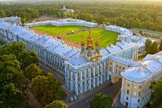 Aerial view of Catherine Palace in Tsarskoye Selo (Pushkin), south of St Petersburg, Russia