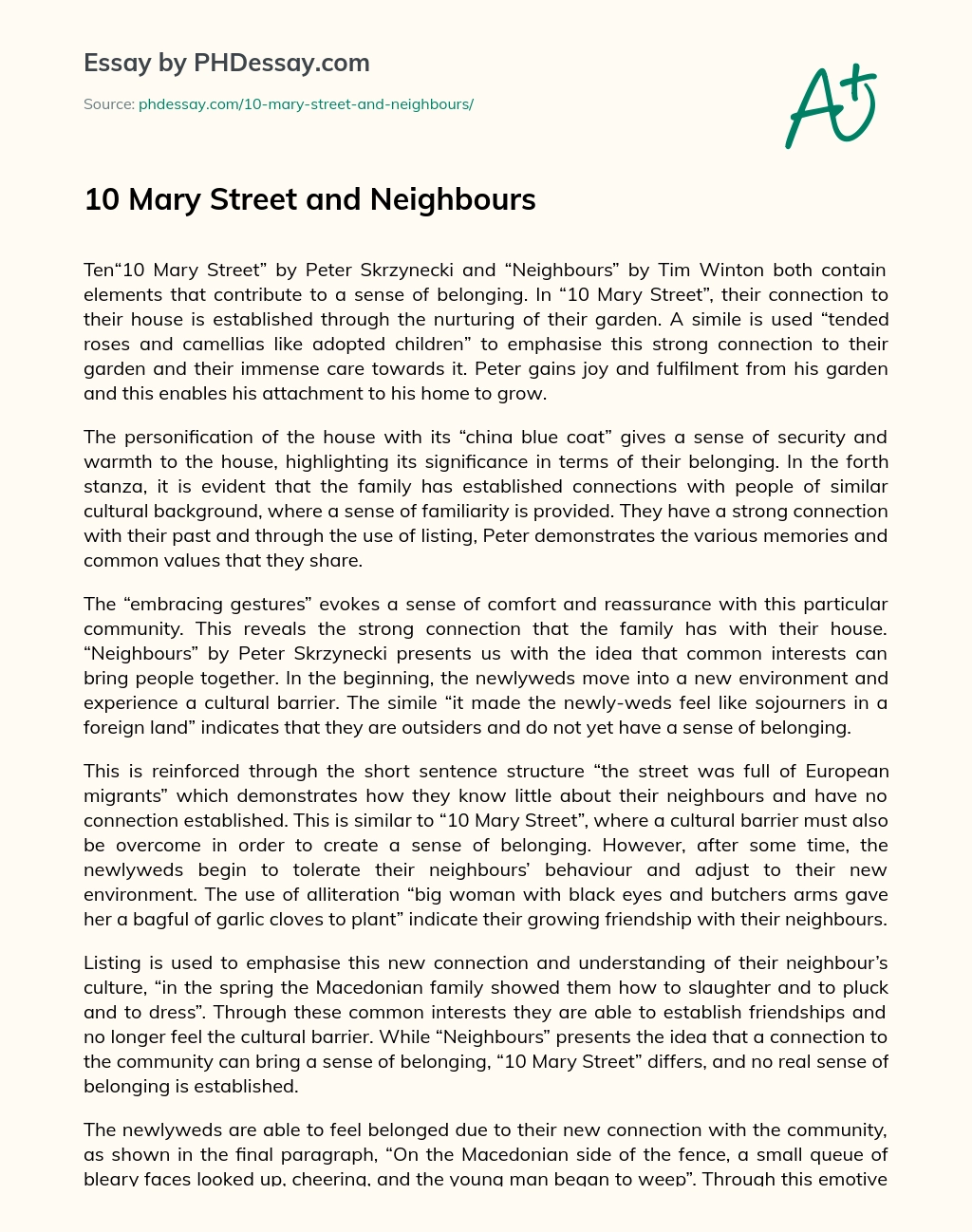 10 Mary Street and Neighbours essay