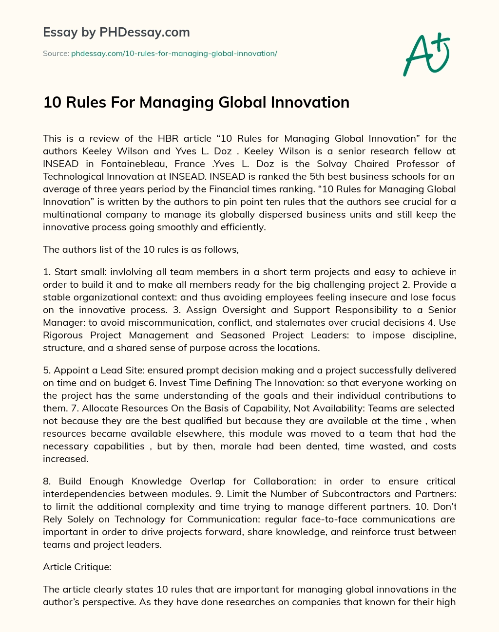 10 Rules For Managing Global Innovation essay