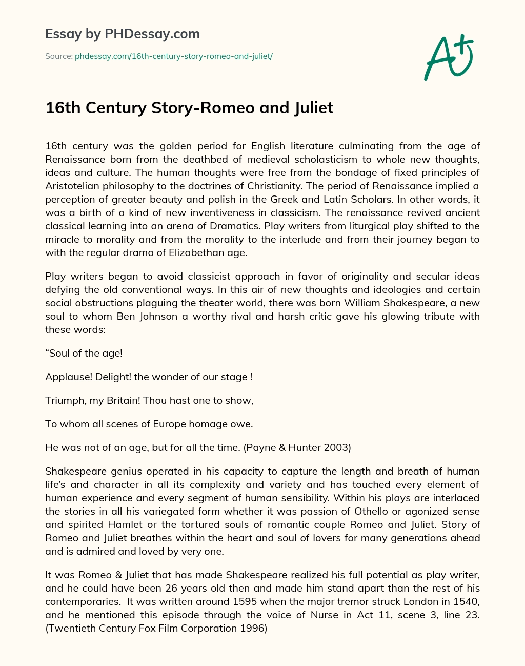 16th Century Story-Romeo and Juliet essay