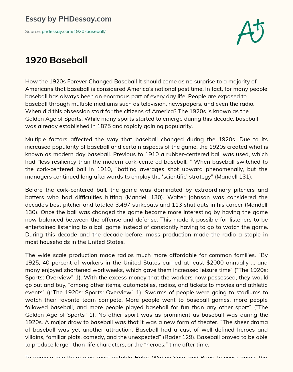 1920 Baseball essay