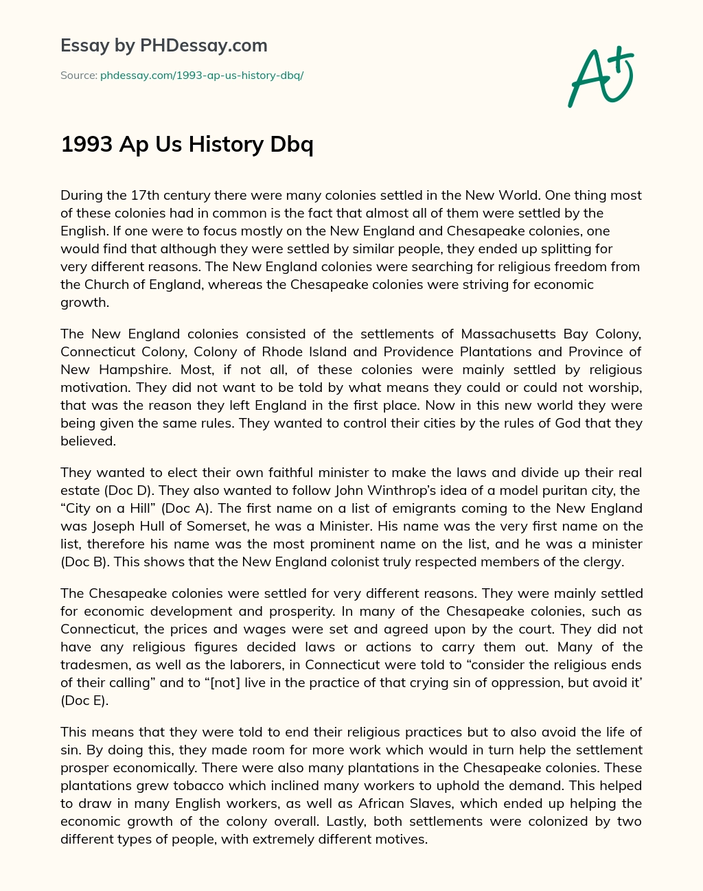 1993 Ap Us History Dbq essay