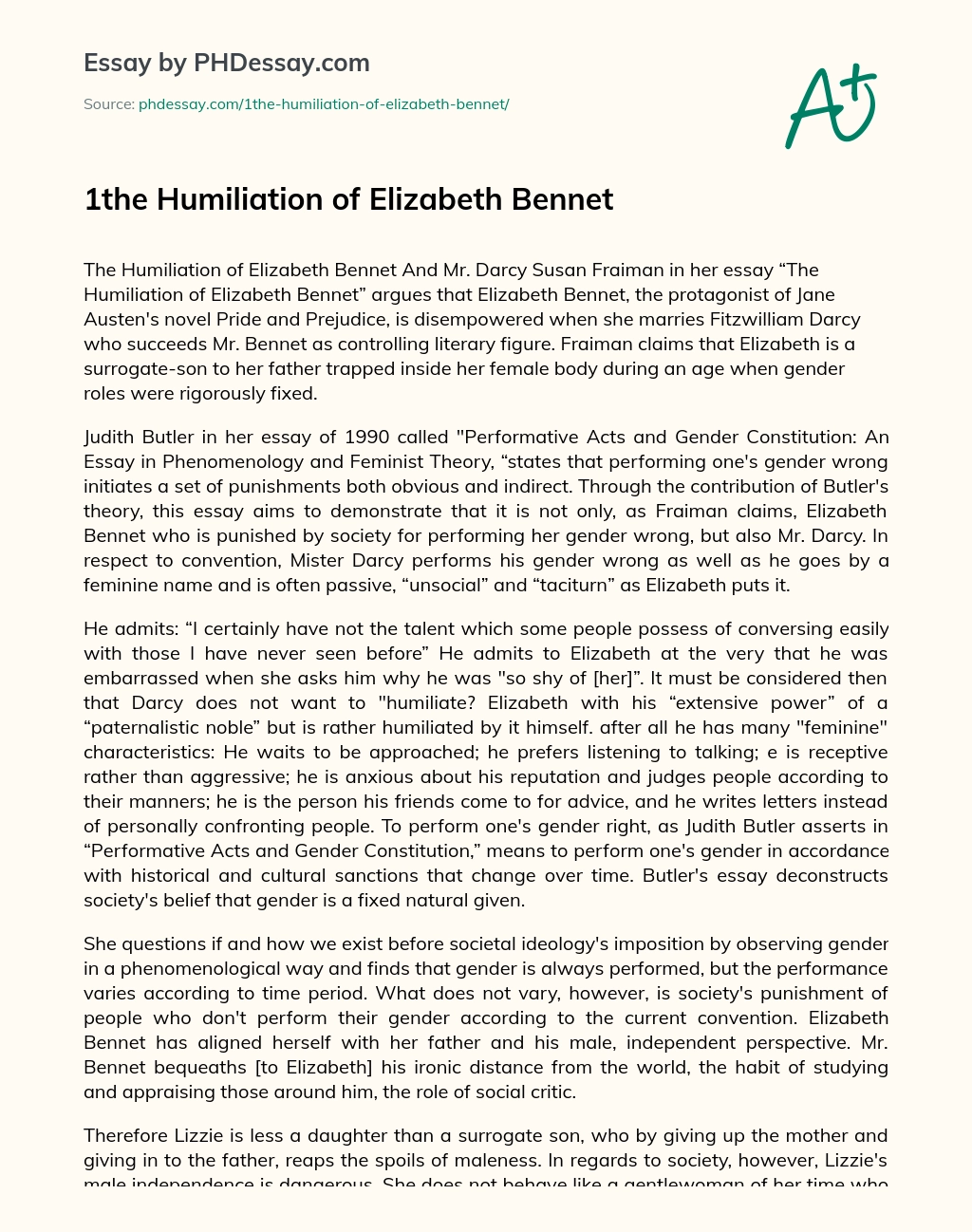 1the Humiliation of Elizabeth Bennet essay