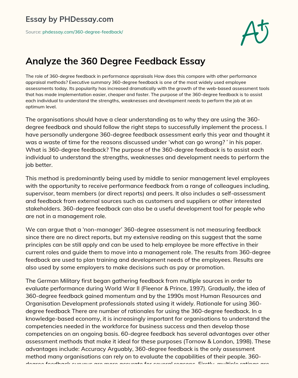 The Role of 360-Degree Feedback in Performance Appraisals: A Comparison with Other Methods essay