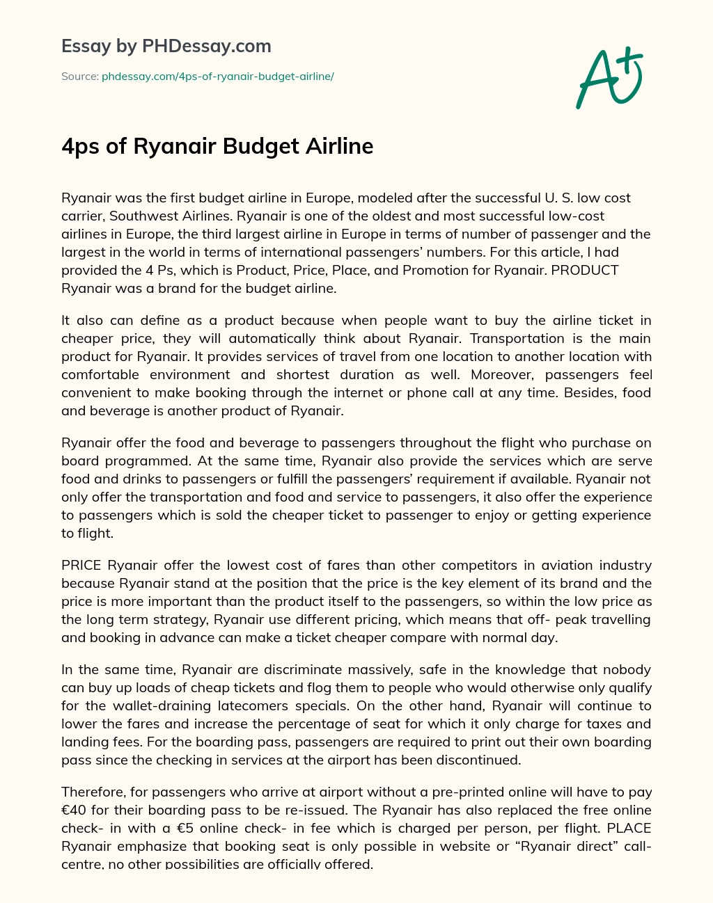 4ps of Ryanair Budget Airline essay