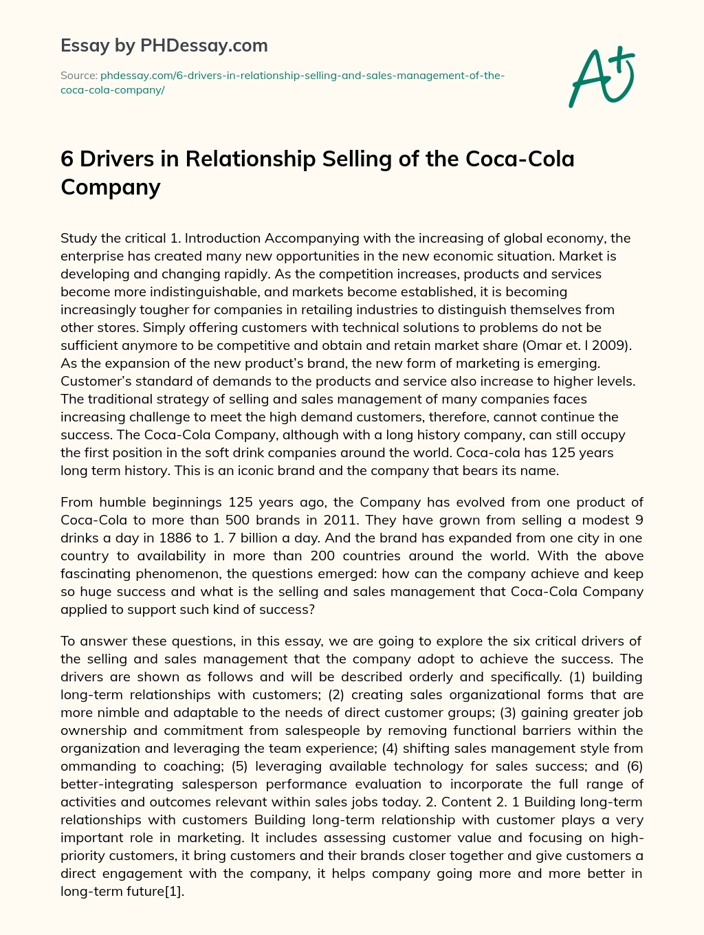 6 Drivers in Relationship Selling of the Coca-Cola Company essay