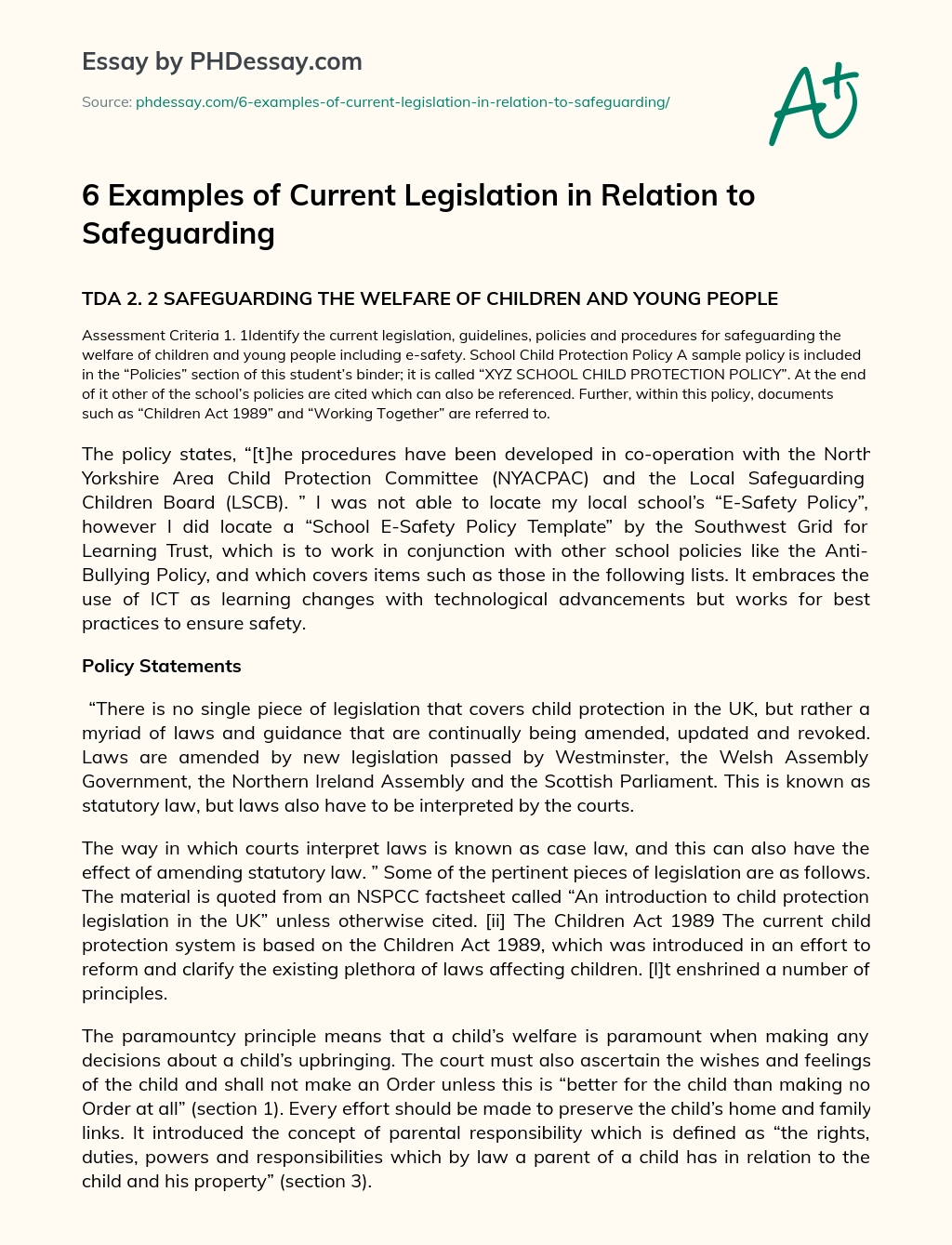 6 Examples of Current Legislation in Relation to Safeguarding essay