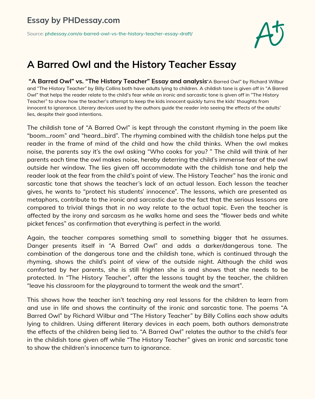 A Barred Owl and the History Teacher Essay essay