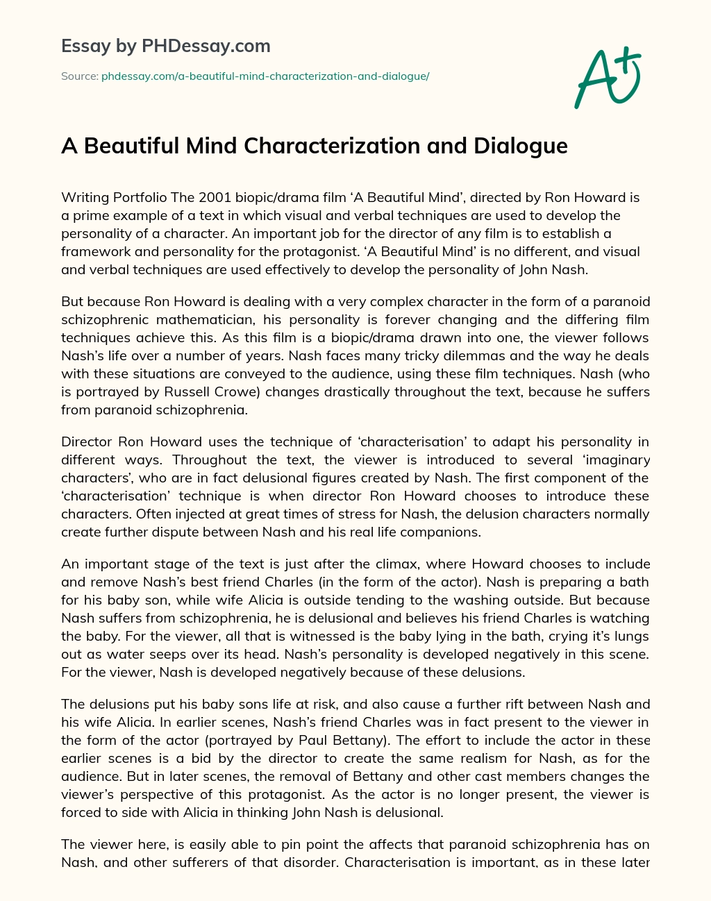 A Beautiful Mind Characterization and Dialogue essay