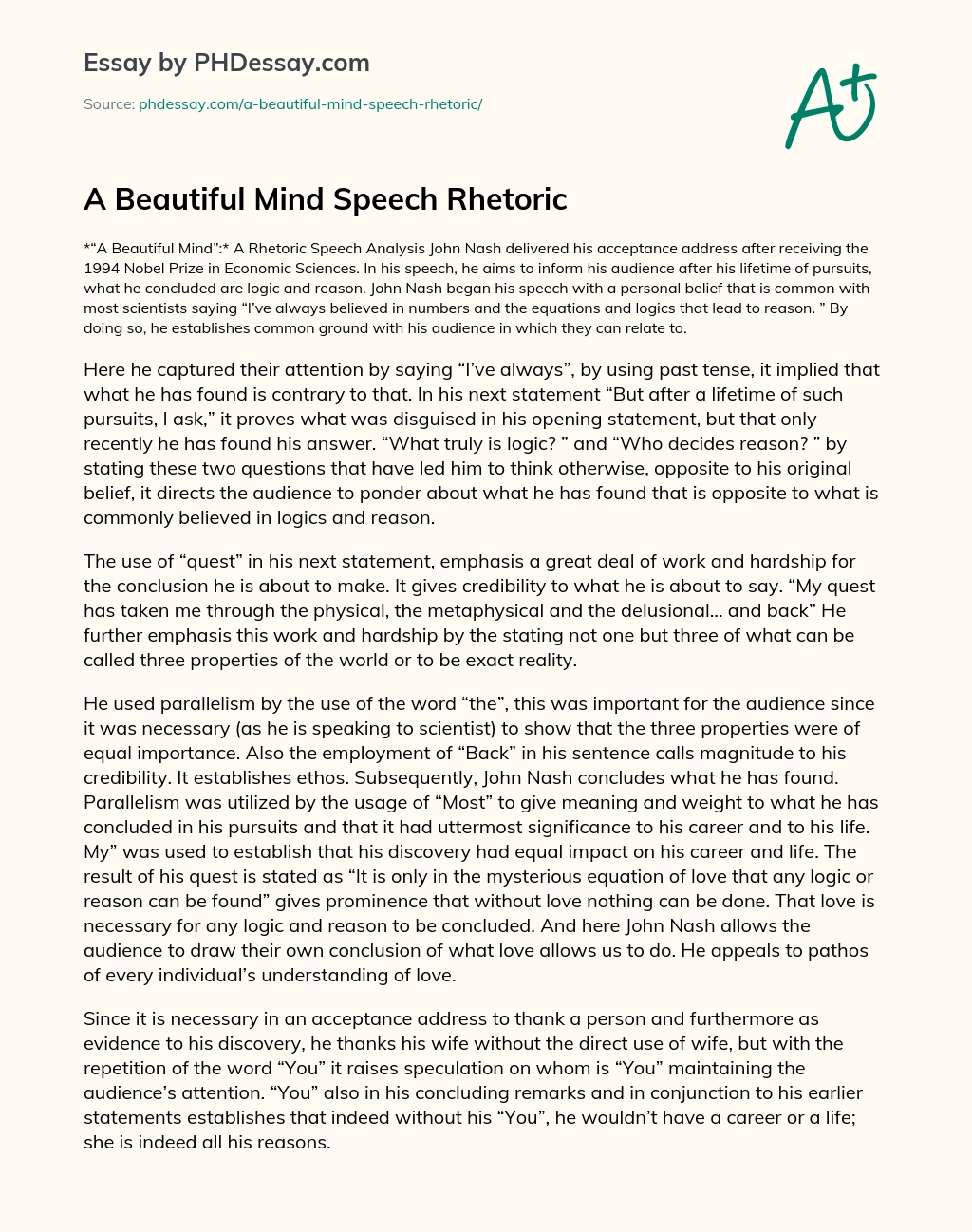 A Beautiful Mind Speech Rhetoric essay