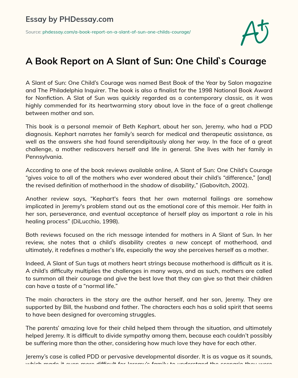 A Book Report on A Slant of Sun: One Child`s Courage essay