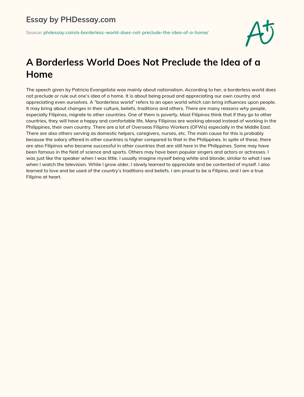 A Borderless World Does Not Preclude the Idea of a Home essay