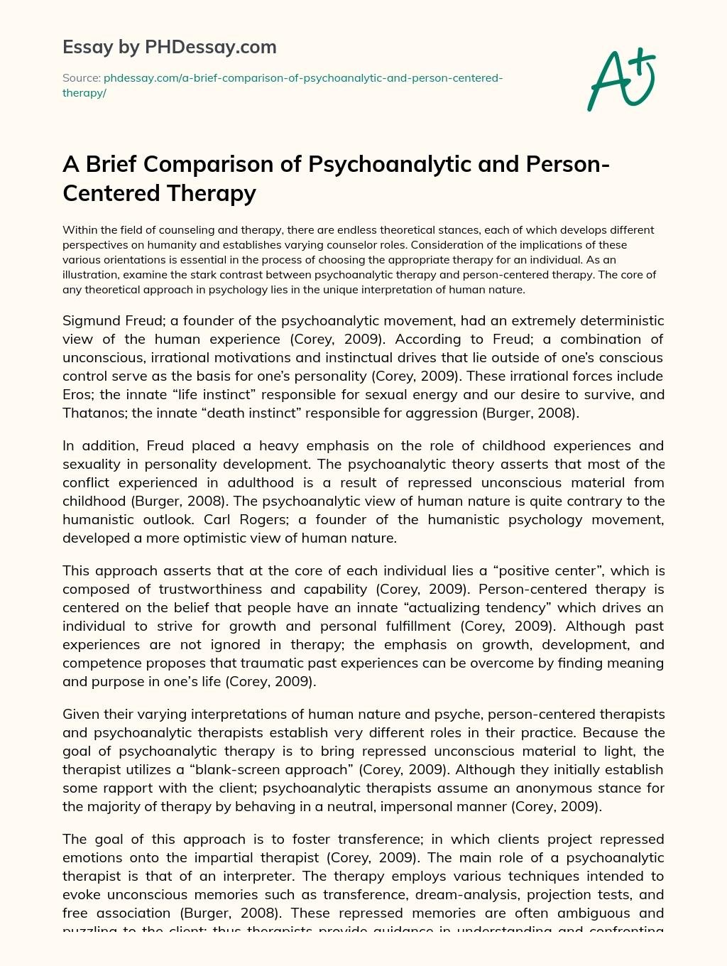 A Brief Comparison of Psychoanalytic and Person-Centered Therapy essay