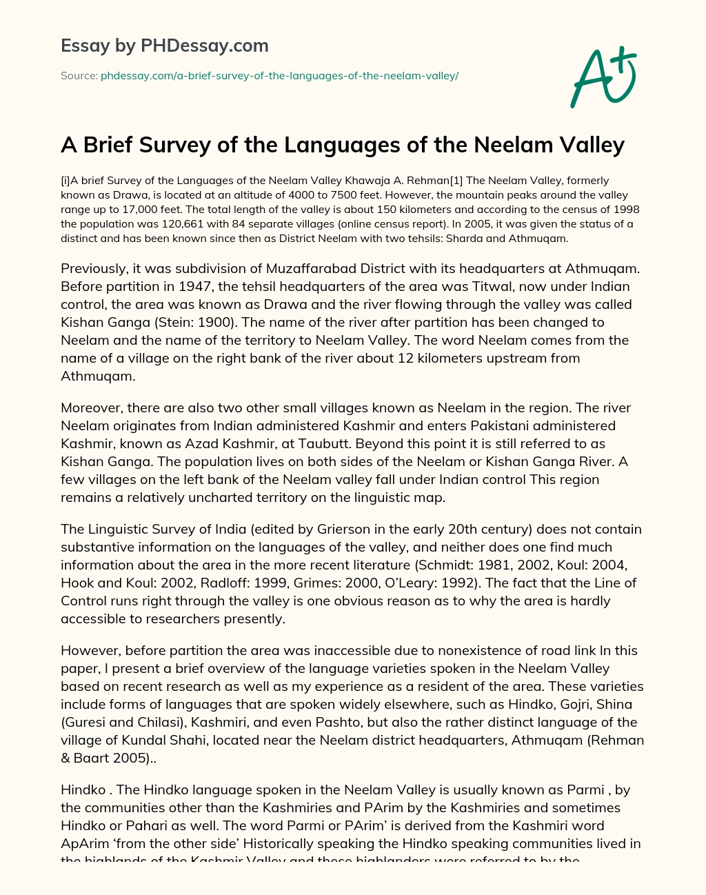 A Brief Survey of the Languages of the Neelam Valley essay