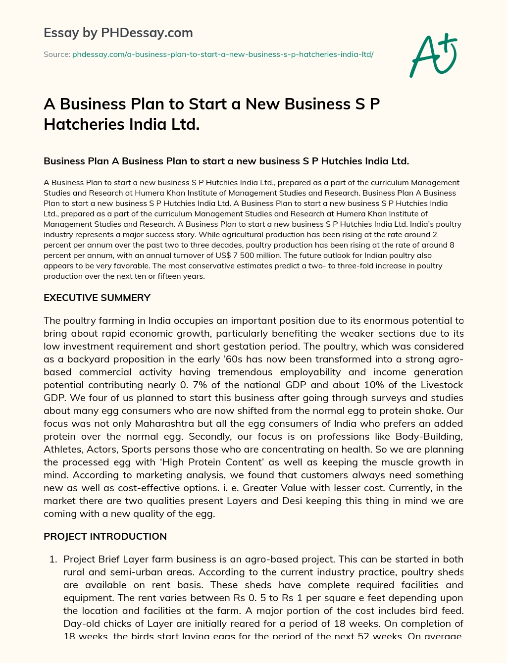 A Business Plan to Start a New Business S P Hatcheries India Ltd. essay