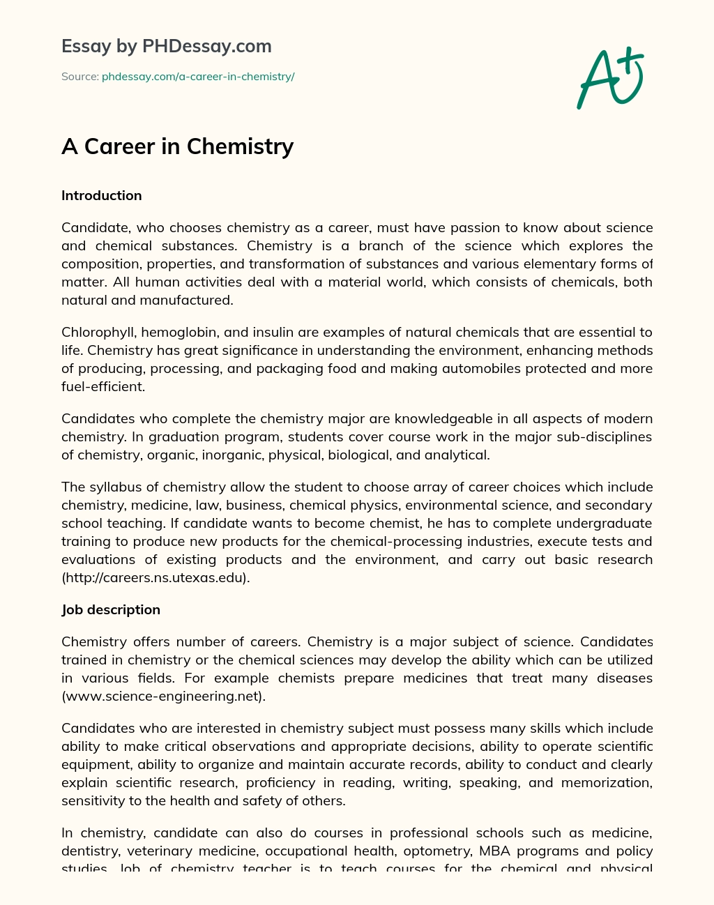 A Career in Chemistry essay