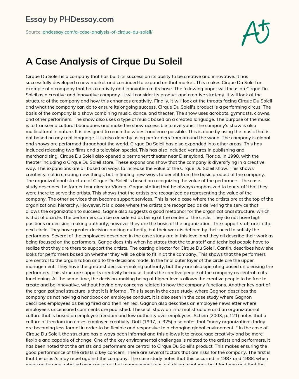 A Case Analysis of Cirque Du Soleil essay