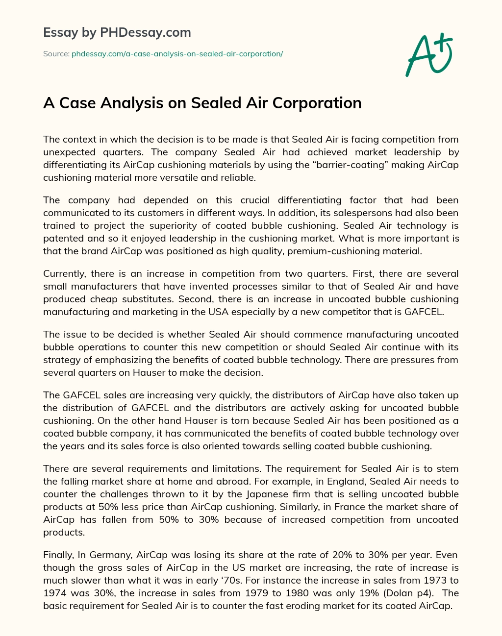 A Case Analysis on Sealed Air Corporation essay