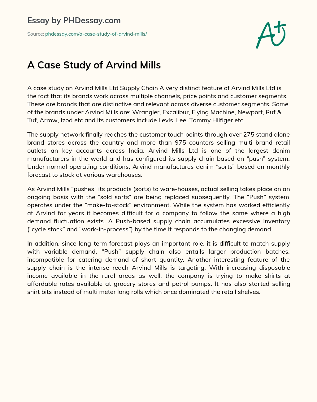 A Case Study of Arvind Mills essay