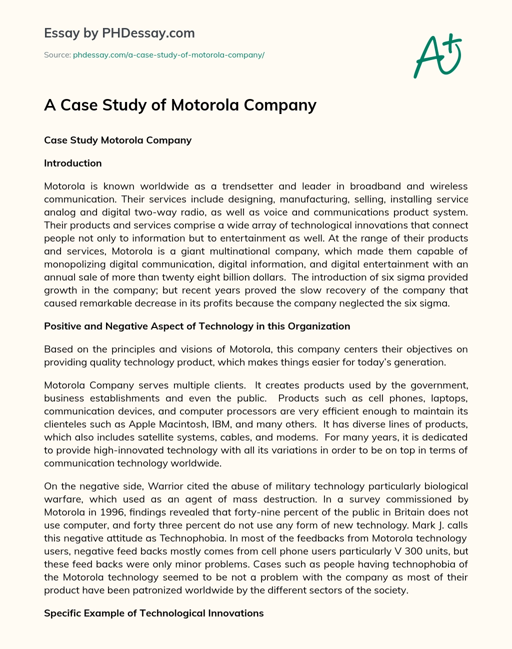 A Case Study of Motorola Company essay