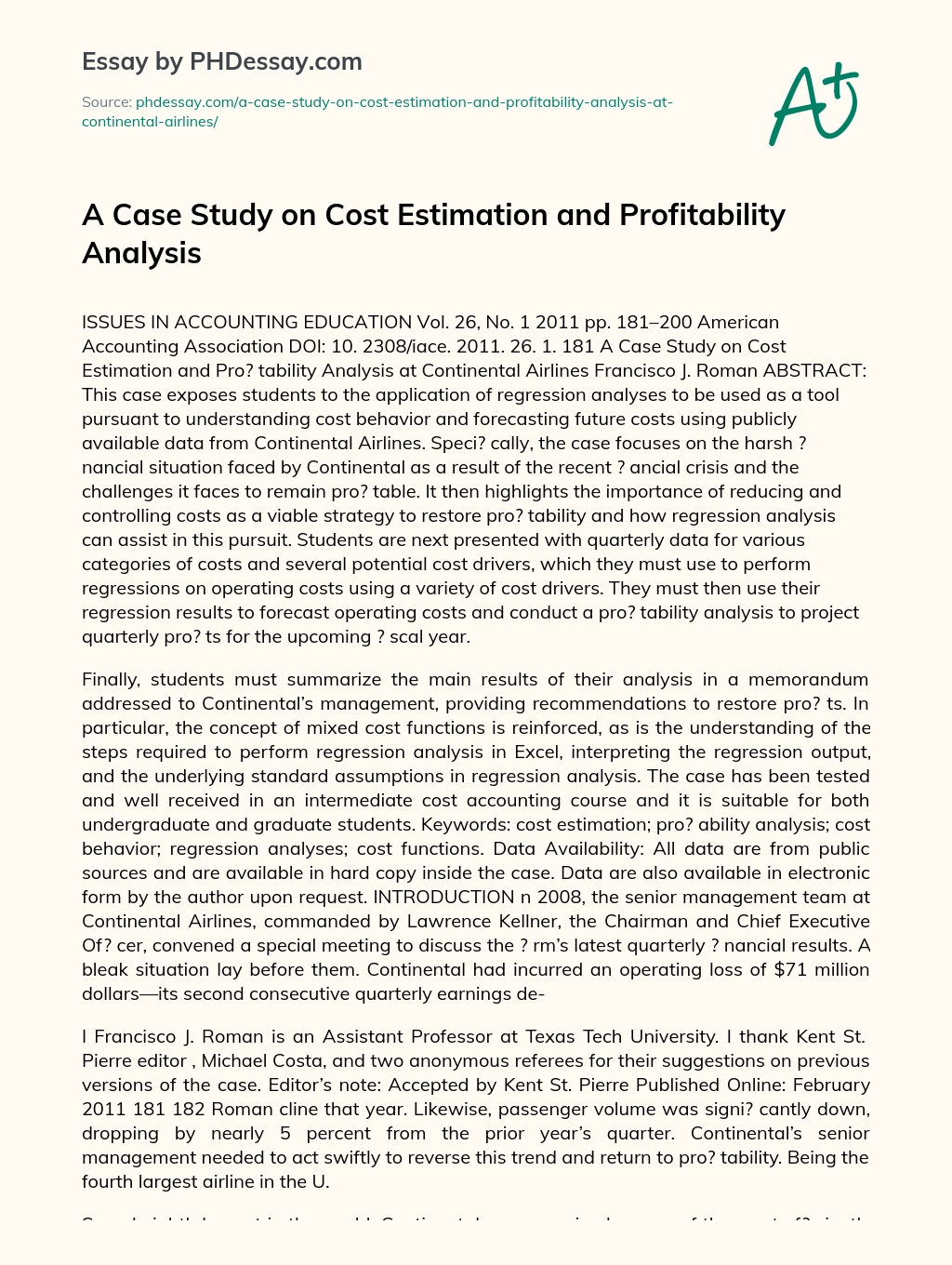 A Case Study on Cost Estimation and Profitability Analysis essay