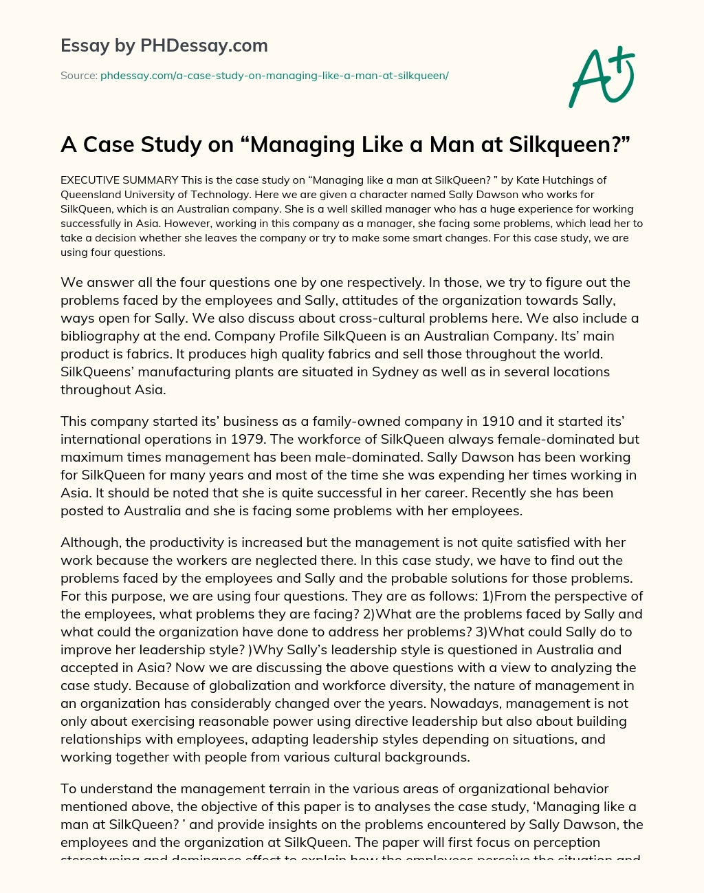 A Case Study on “Managing Like a Man at Silkqueen” essay