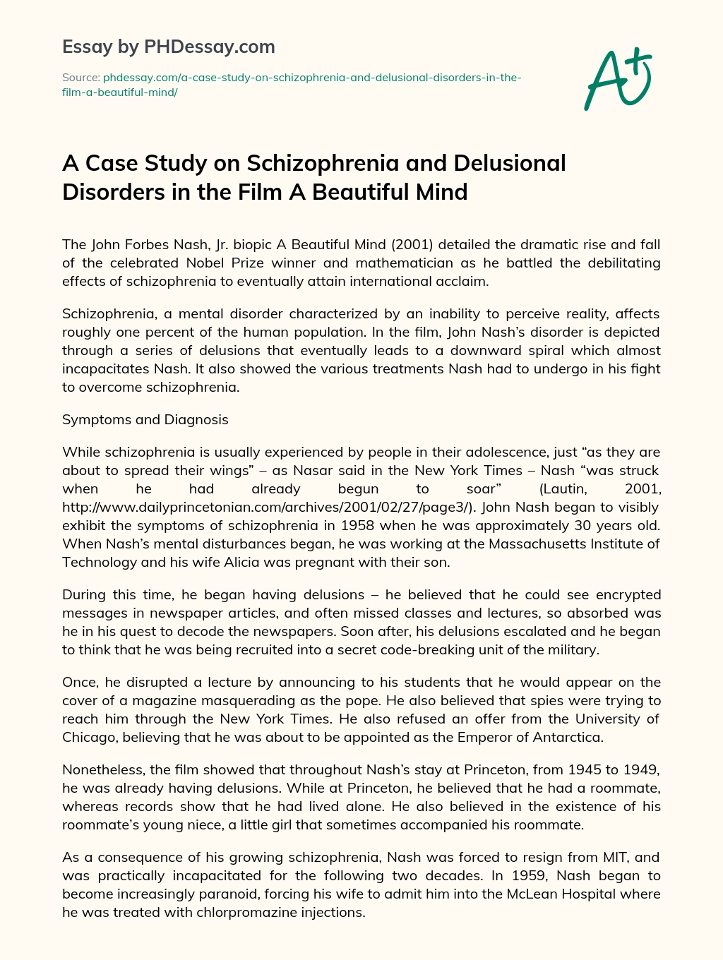 A Case Study on Schizophrenia and Delusional Disorders in the Film A Beautiful Mind essay