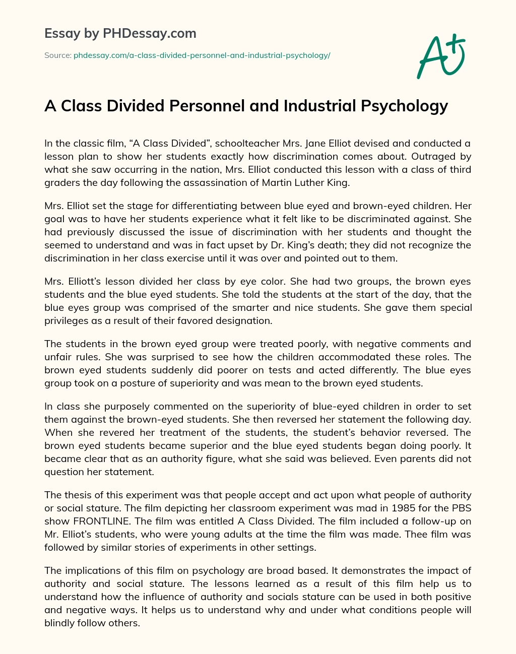 A Class Divided Personnel and Industrial Psychology essay