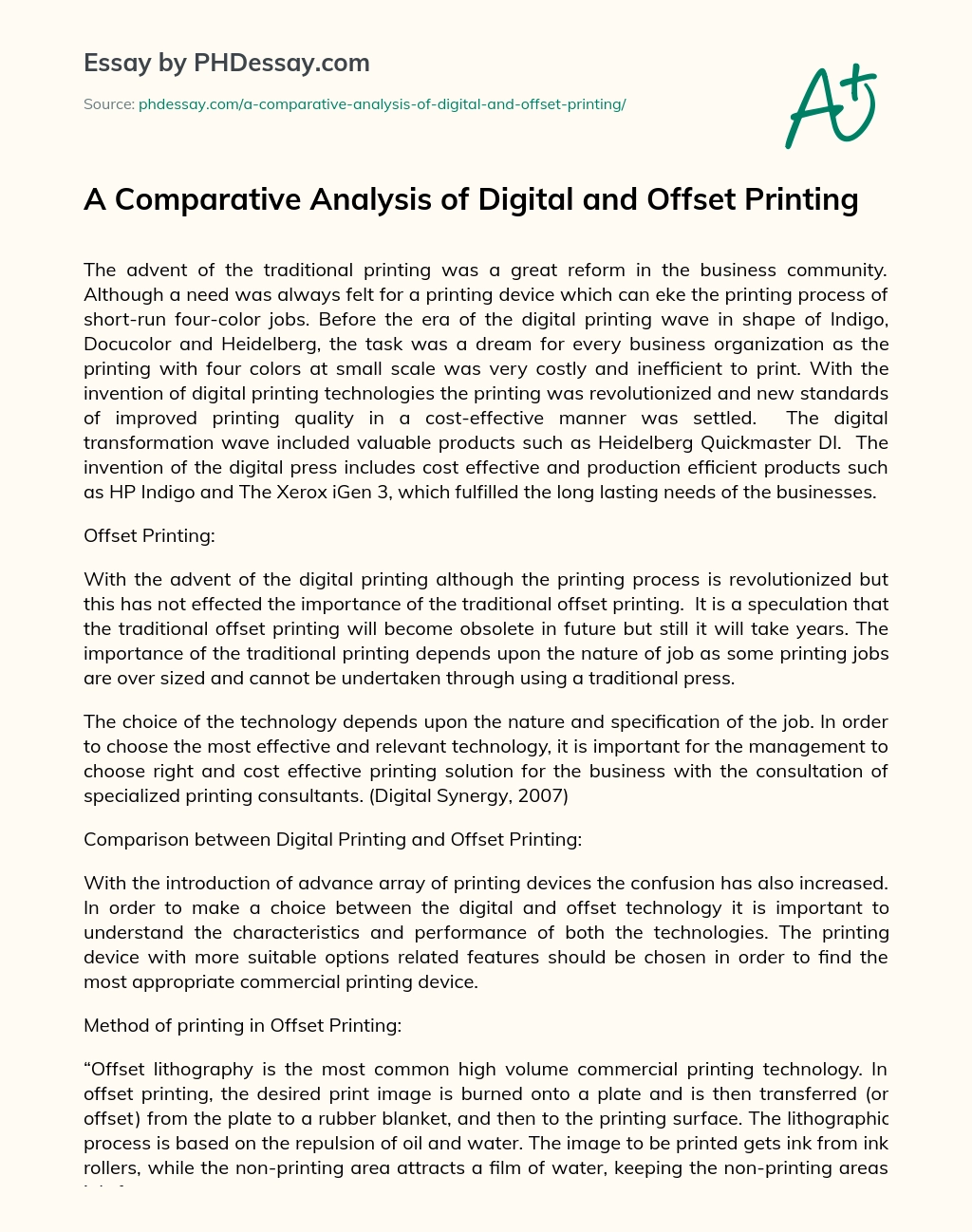 A Comparative Analysis of Digital and Offset Printing essay