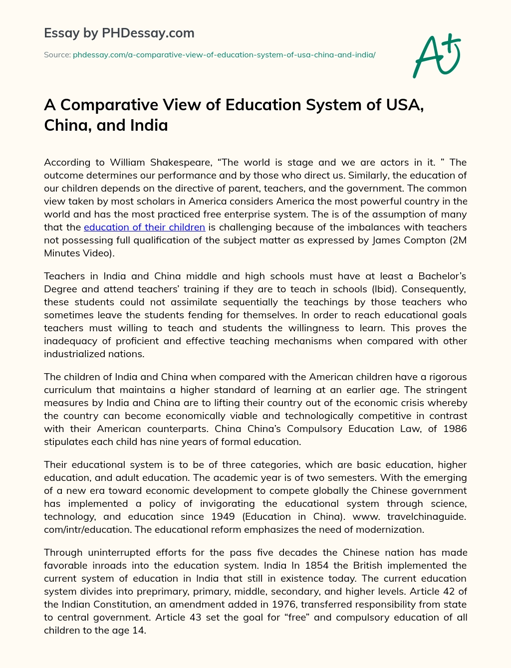 A Comparative View of Education System of USA, China, and India essay