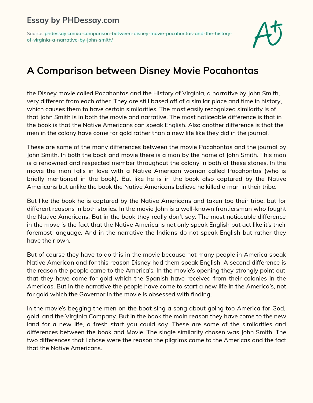 A Comparison between Disney Movie Pocahontas essay